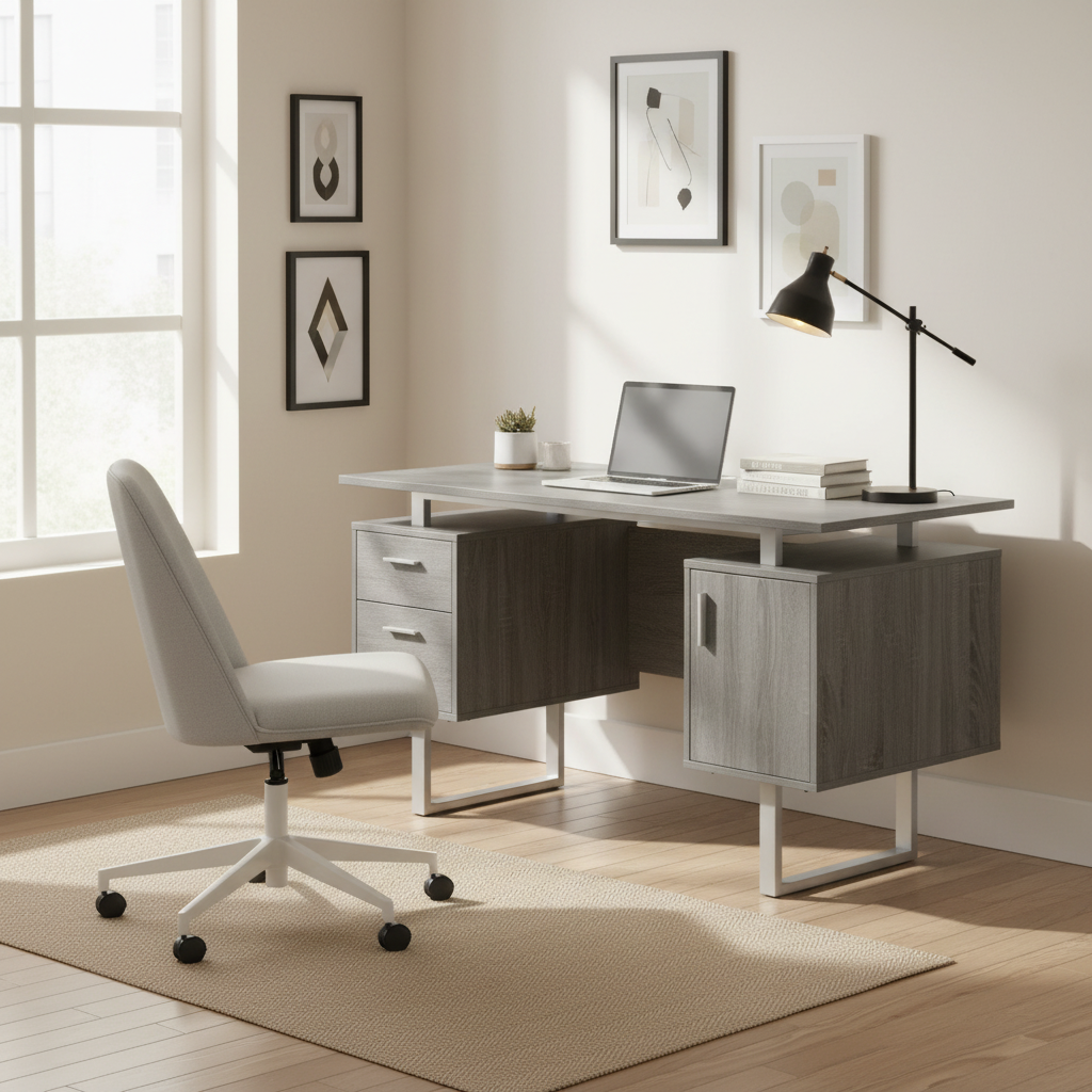Scrivania per computer moderna e di lusso, elegante, grigia, con vani contenitori