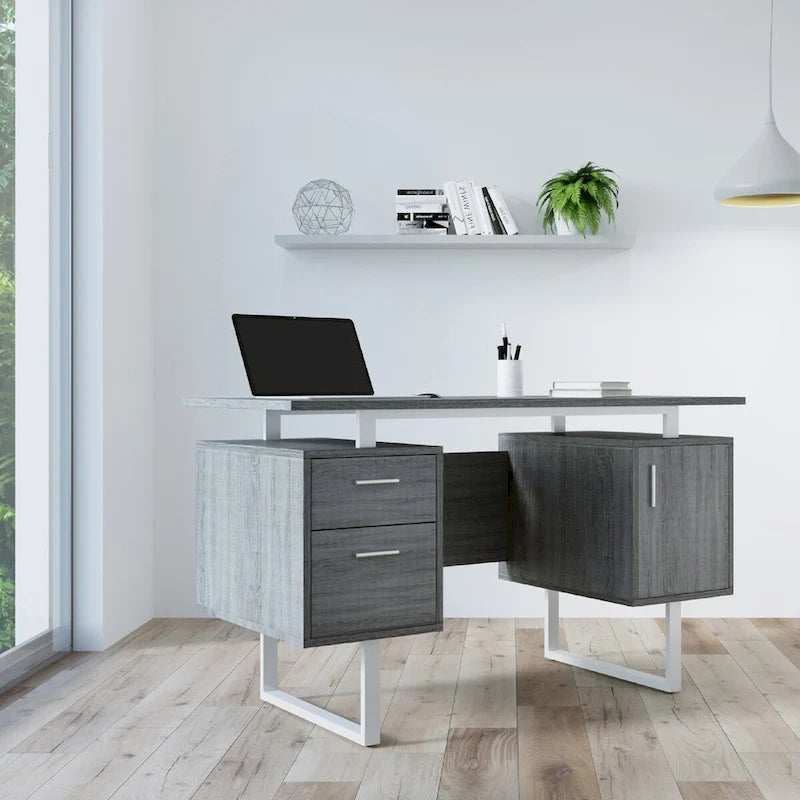 Scrivania per computer moderna e di lusso, elegante, grigia, con vani contenitori