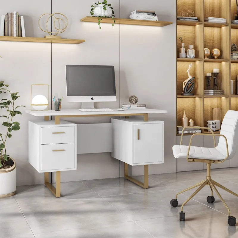 Scrivania per computer moderna e di lusso, elegante, grigia, con vani contenitori